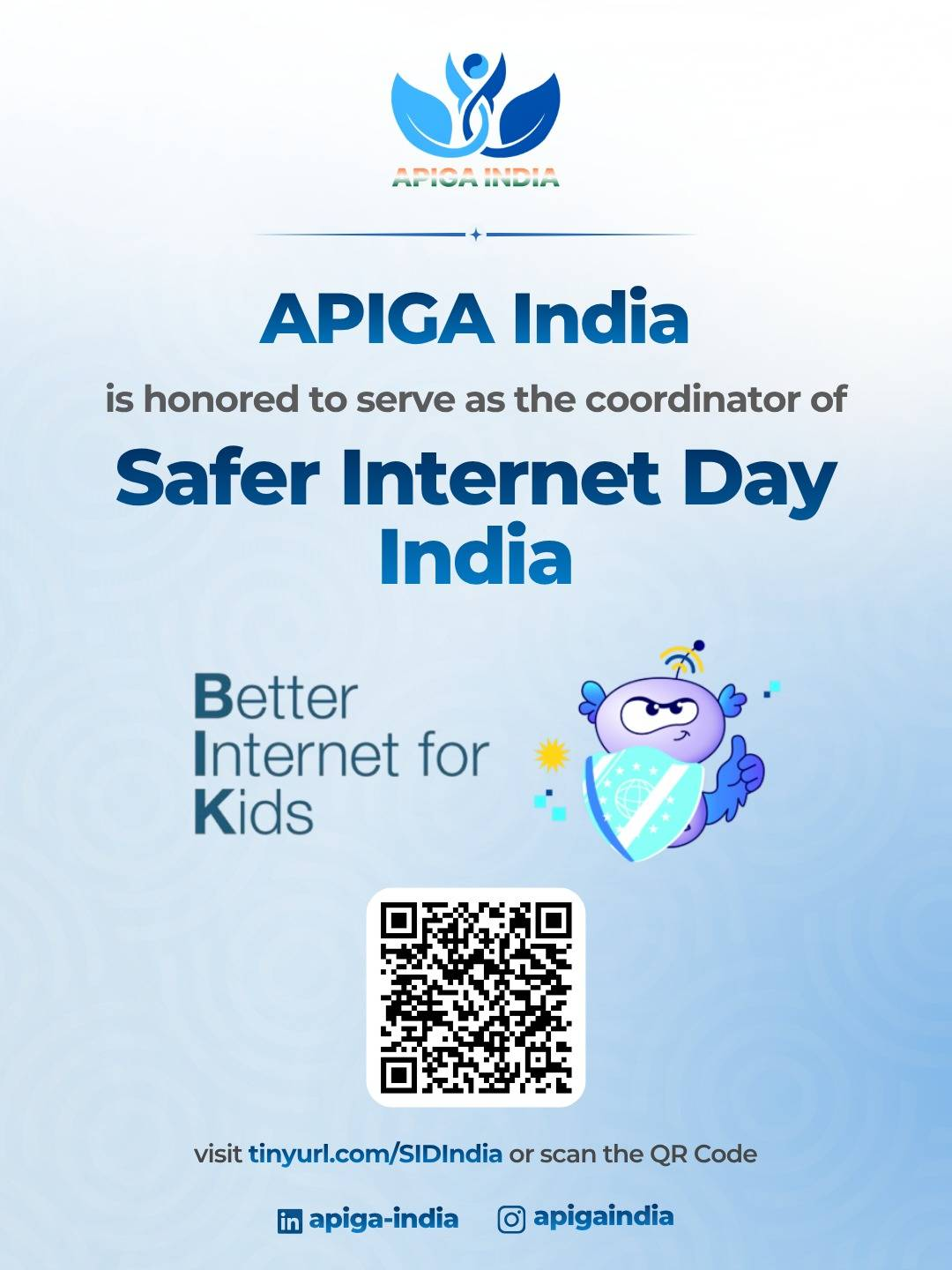 Official poster: APIGA India is the coordinator of Safer Internet Day India with Better Internet for Kids message and SID India QR code.